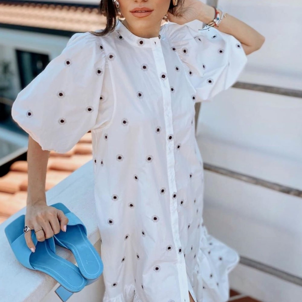 Zara | White Midi Dress Puff Sleeves Floral Embroidery Ruffled Size L